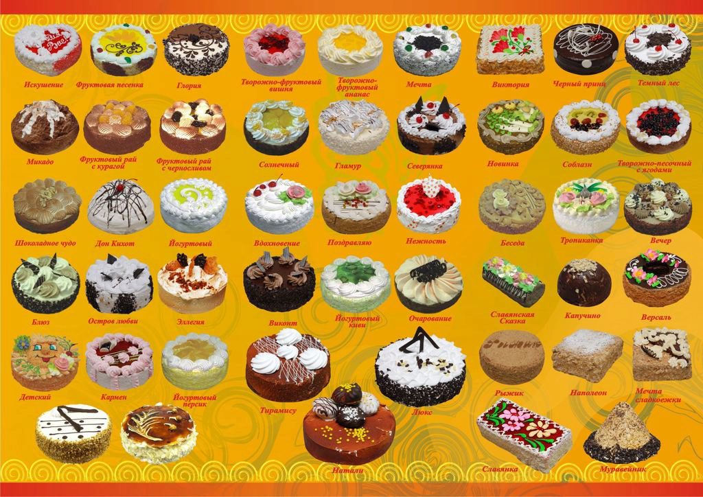 Торты каталог ярославль. Названия пирожных. Ассортимент тортов и пирожных. Названия тортов и пирожных. Пирожное в ассортименте.